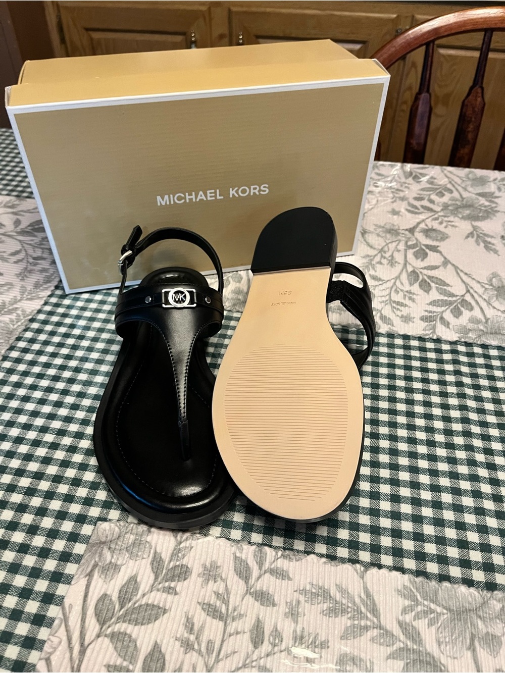 Michael Kors Black Leather T-Strap Sandals with MK Emblem